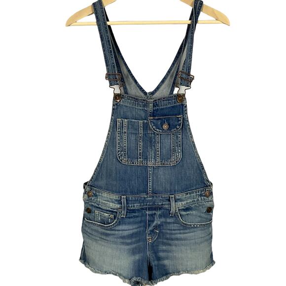 Abercrombie & Fitch Overalls Shorts ShortAlls Raw Hem Y2K Classic Blue Wash sz S - Picture 4 of 16